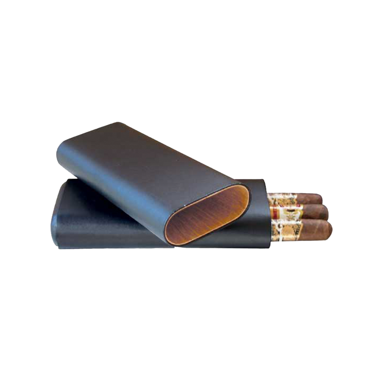 Telescoping 3Finger Black Leather Cedar Lined Cigar Case