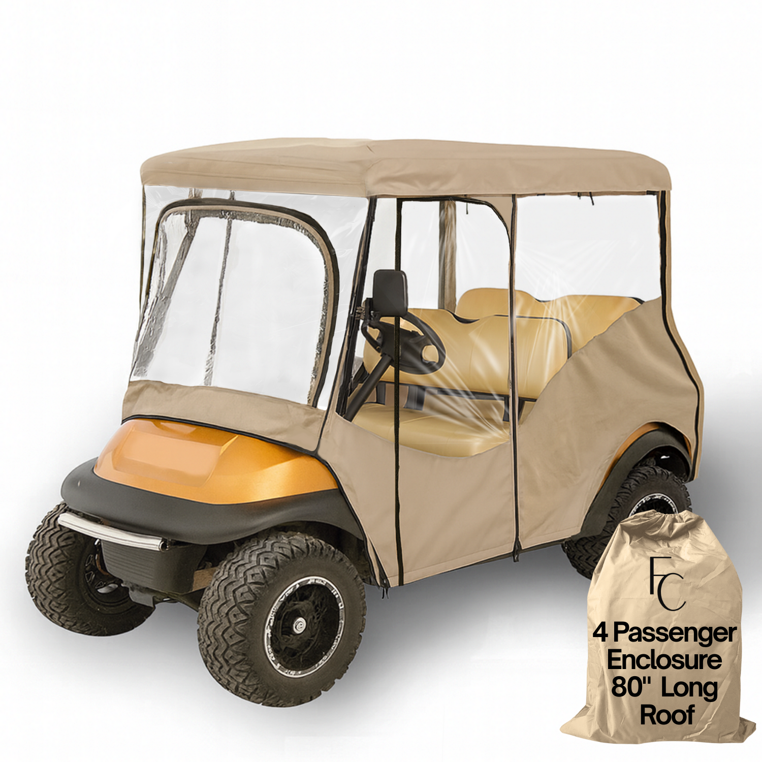 golf cart rain bag cover 4 Seater Golf Cart Enclosure for 80 Inch Long Roof – Taupe Rain and Winter Driving Cover