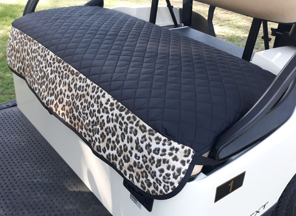 GolfChic: Golf Cart Seat Cover - Black Quilted with Brown Leopard Trim & Black Binding