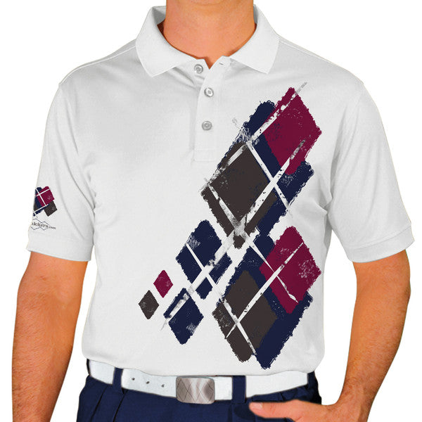 Golf Knickers: Mens Argyle Utopia Golf Shirt - Q: Navy/Maroon/Charcoal