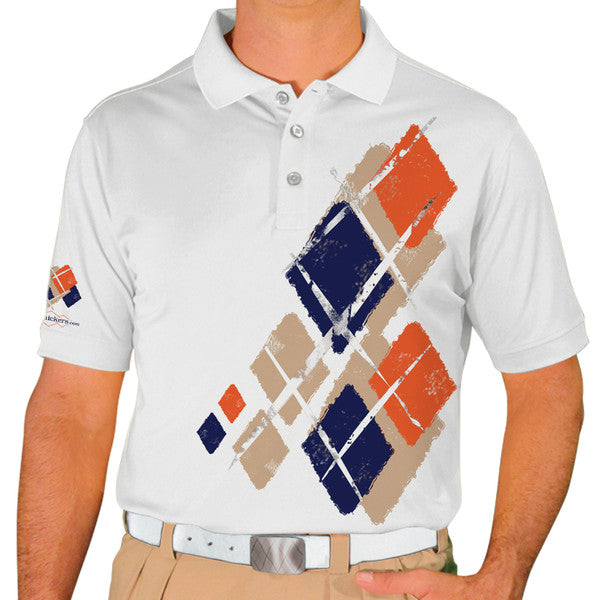 Golf Knickers: Mens Argyle Utopia Golf Shirt - PP: Khaki/Orange/Navy
