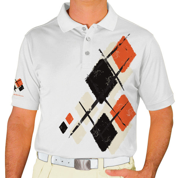 Golf Knickers: Mens Argyle Utopia Golf Shirt - QQQQ: Natural/Black/Orange