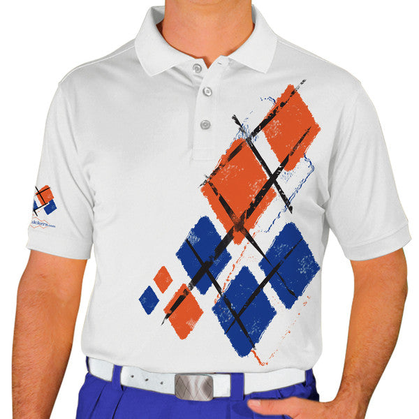 Golf Knickers: Mens Argyle Utopia Golf Shirt - RRRR: White/Royal/Orange
