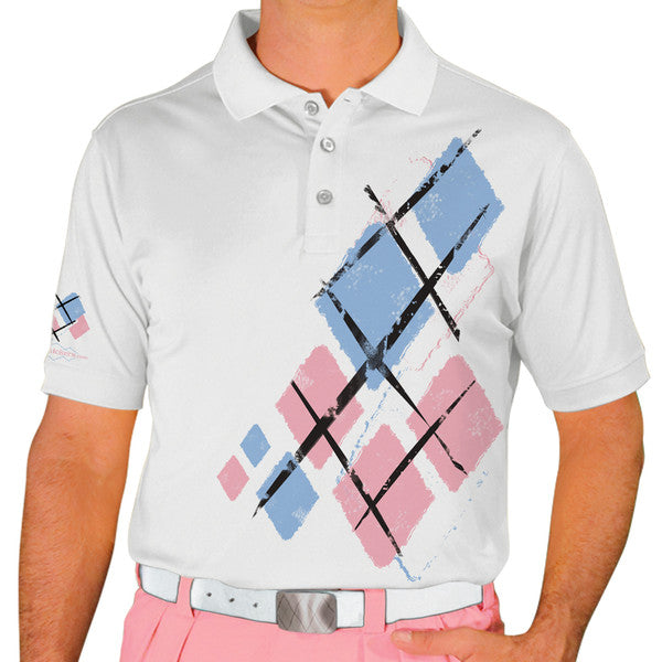 Golf Knickers: Mens Argyle Utopia Golf Shirt - TT: White/Pink/Light Blue