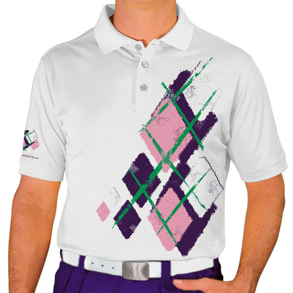 Golf Knickers: Mens Argyle Utopia Golf Shirt - OOO: Purple/Pink/White