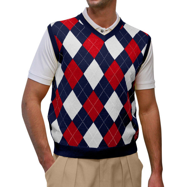 Golf Knickers: Men's Argyle Sweater Vest - Navy/Red/White