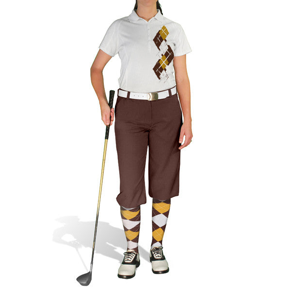 Golf Knickers: Ladies Argyle Paradise Golf Shirt - Brown/Gold/White