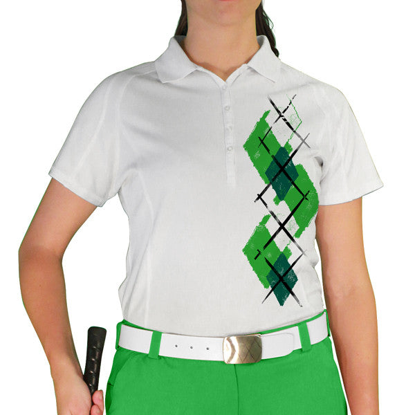 Golf Knickers: Ladies Argyle Paradise Golf Shirt - Lime/Dark Green/White