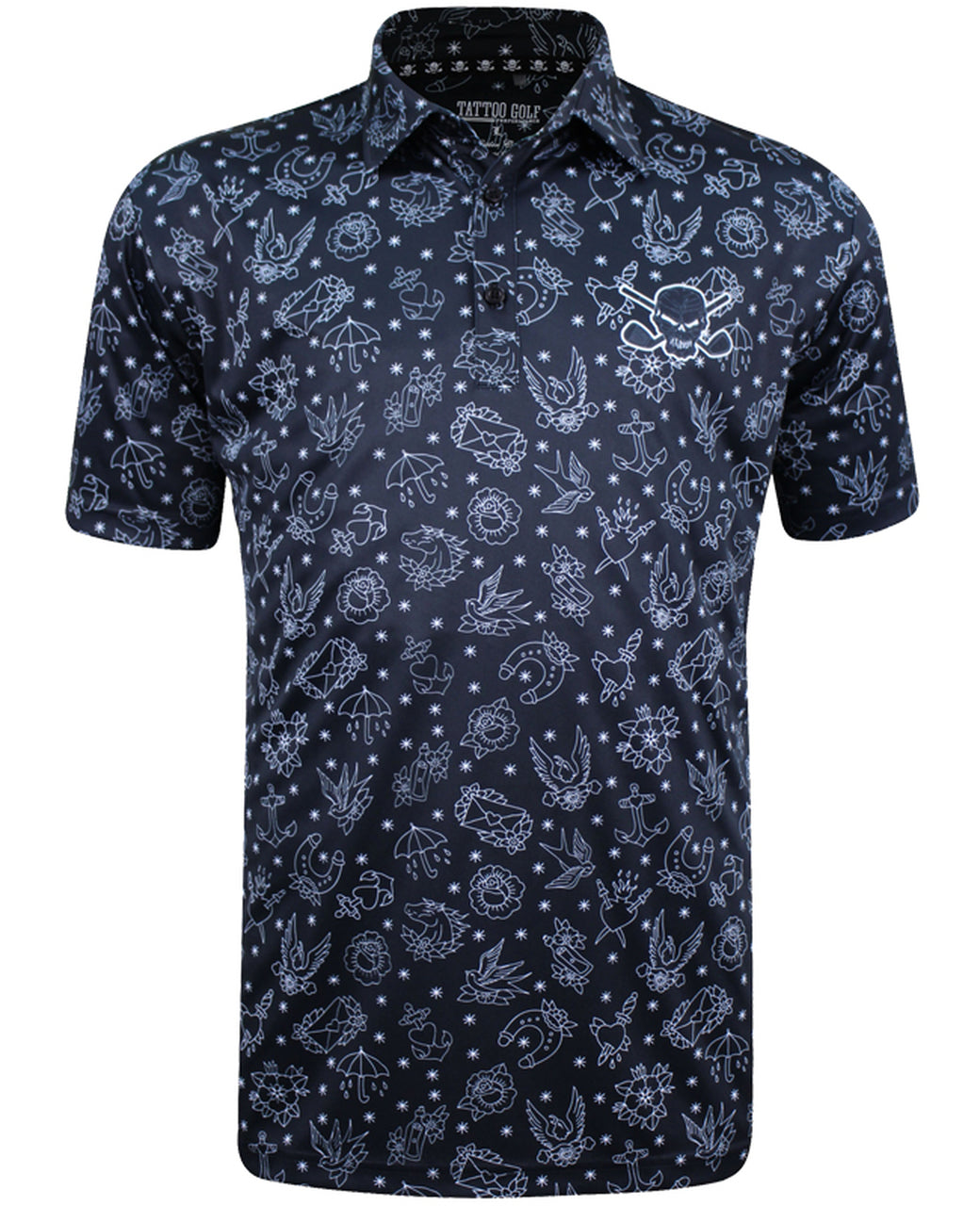 Mens Black Tattoo Flash Cool Stretch Golf Shirt By Tattoo Golf