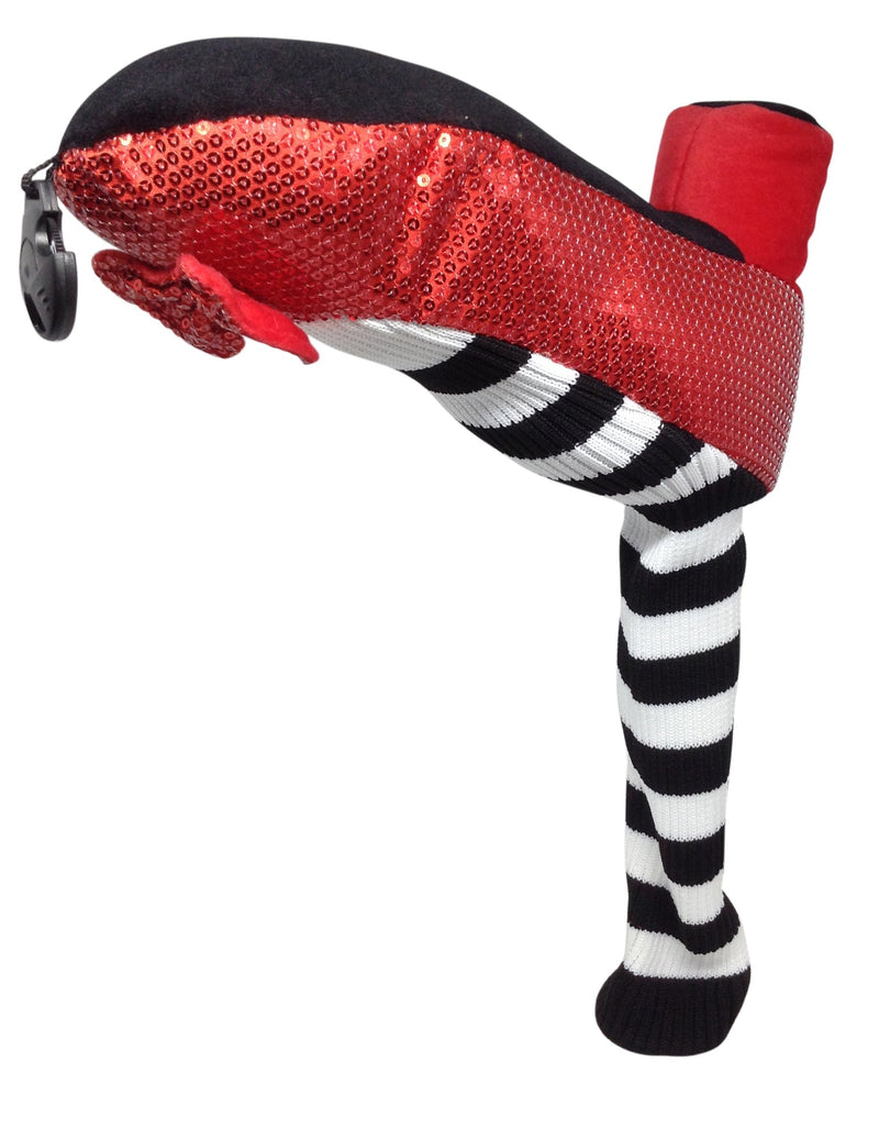 A stylish and unique hybrid golf headcover inspired by the iconic ruby slippers adding a bold statement to your golf bag