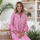 Greenwich Bell Cuff Tunic Dress in Hadley's Block Print Pink and White