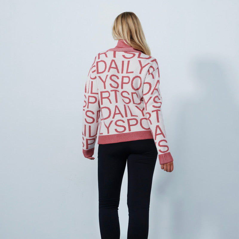 Daily Sports: Women's Letters Roll Neck Pullover Sweater - Pink