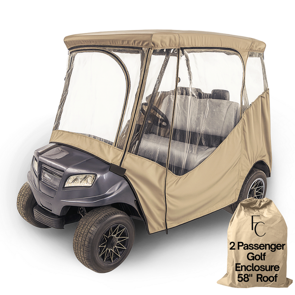 2 Passenger Driveable Golf Cart Enclosure Golf Cart Rain Cover YKK Door Zippers - Taupe
