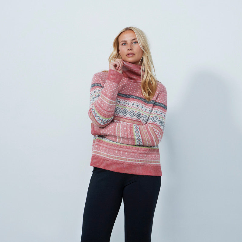 Daily Sports: Women's Fair Isle Roll Neck Pullover Sweater - Pink