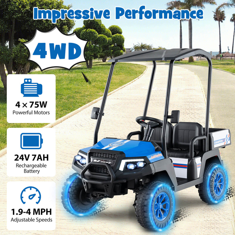 24V Kids Golf Cart 4WD 2-Seater Ride on Car with Storage Trunk and Horn-Blue