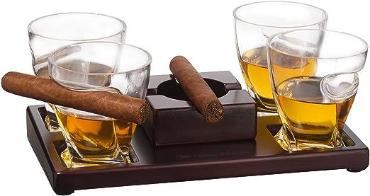 The Wine Savant Cigar Glasses Tray & Ash Tray, 4 Whiskey Cigar Glasses Slot to Hold Cigar, Whiskey Glass Gift Set, Cigar Rest, Accessory Set Gift for Dad, Men Home Office Decor Gifts, Man Cave