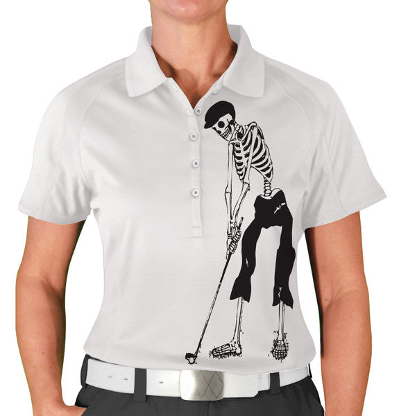 Golf Knickers: Womens Halloween Golf Shirt - Golfing Skeleton