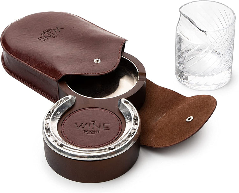 The Wine Savant Luxurious Cigar Glass - In A Leather Horseshoe Storage Case Whiskey Glassware with Cigar Holder - 10oz Cigar Holder Whiskey, Ash Tray - Dad, Men Home Office, Leather Gifts
