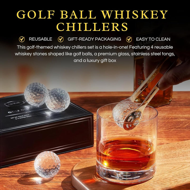 Golf Ball Whiskey Coolers - Pack of 5 - Men's Gift Set; Golfer's Whiskey Chill Stones, Reusable Cooling Balls; Includes 4 Chilling Stones - Ideal Golf-Themed Gift for Men + Metallic Tongs & Gift Box