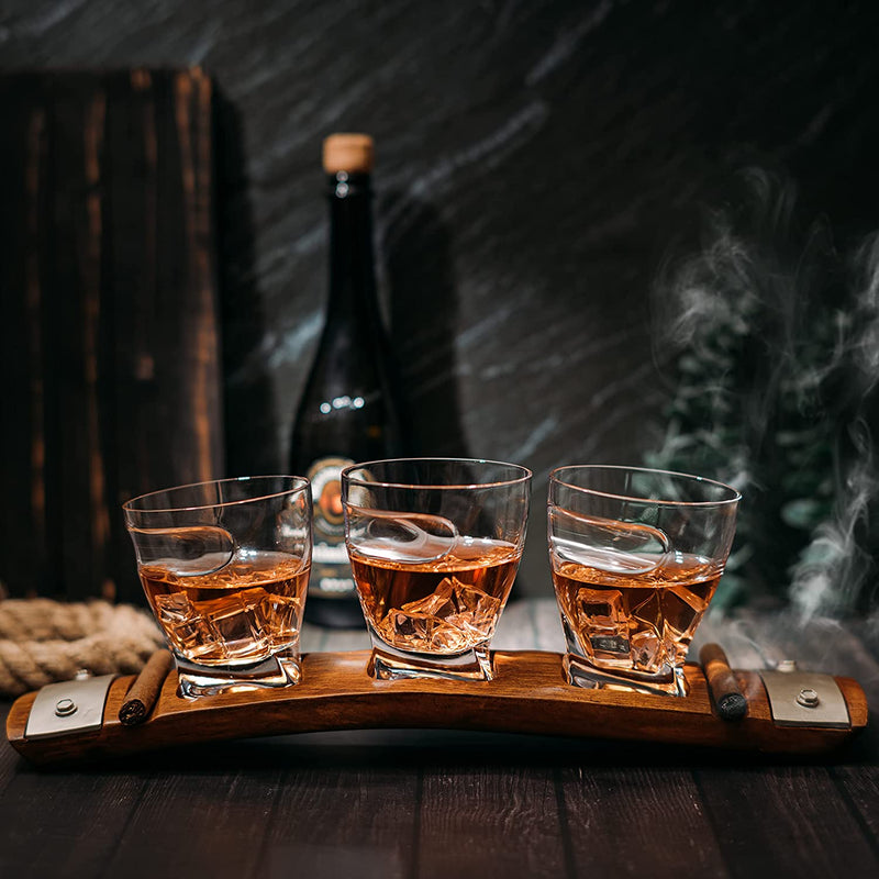 The Wine Savant Glass & Coaster & with 3 Whiskey Glasses Slot to Hold, Whiskey Glass Gift Set, Rest, Accessory Set Gift for Dad, Men Home Office Decor Gifts, Gifts for Dad