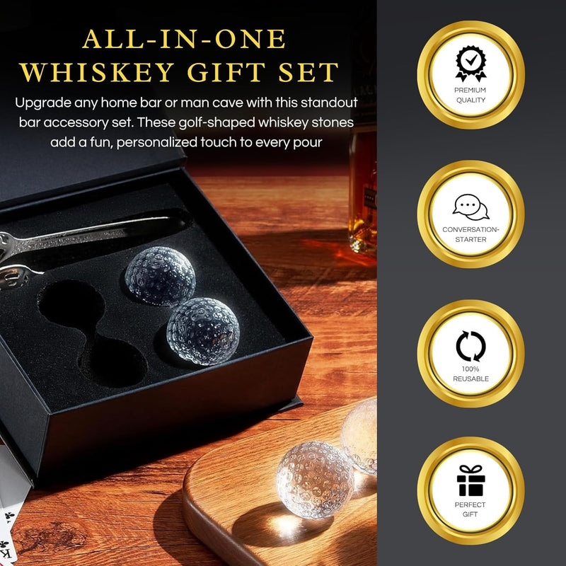 Golf Ball Whiskey Coolers - Pack of 5 - Men's Gift Set; Golfer's Whiskey Chill Stones, Reusable Cooling Balls; Includes 4 Chilling Stones - Ideal Golf-Themed Gift for Men + Metallic Tongs & Gift Box