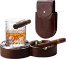 The Wine Savant Luxurious Cigar Glass - In A Leather Horseshoe Storage Case Whiskey Glassware with Cigar Holder - 10oz Cigar Holder Whiskey, Ash Tray - Dad, Men Home Office, Leather Gifts
