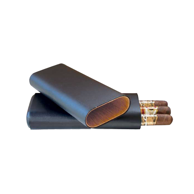 Telescoping 3-Finger Black Leather Cedar Lined Cigar Case