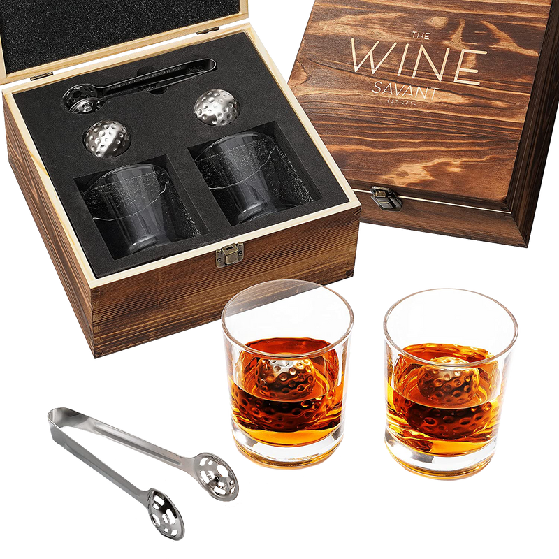 Luxurious Bar Gift Set - Golf Whiskey Glasses - Golf Ball Chillers - Tongs - Set in Premium Wood Box by The Wine Savant - Unique Whiskey Glass Set - Golf Gifts, Golfer Gifts, Gifts for Golf Lovers