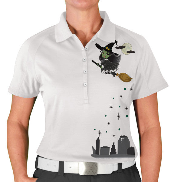 Golf Knickers: Womens Halloween Golf Shirt - Flying Witch