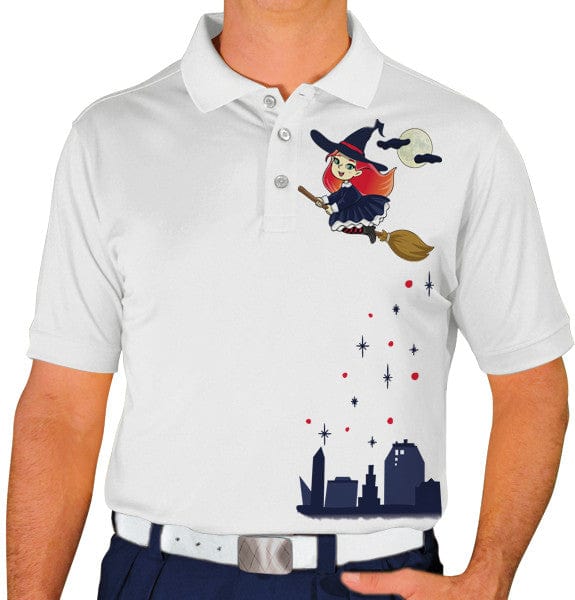 Golf Knickers: Mens Halloween Golf Shirt - Flying Witch Clothing