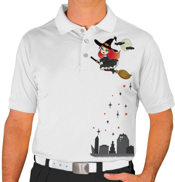 Golf Knickers: Mens Halloween Golf Shirt - Flying Witch Clothing