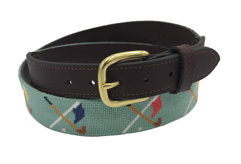 Golf Clubs and Flags Crossed Needlepoint Belt by Charleston Belt