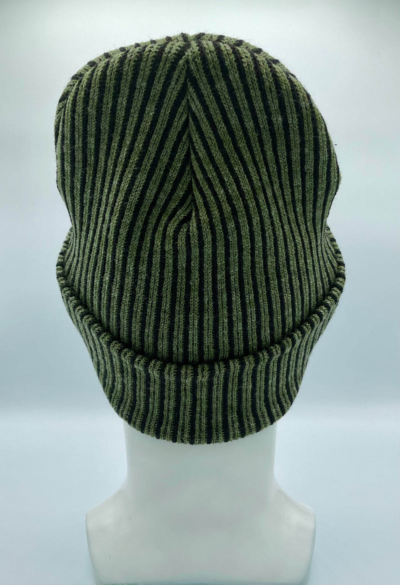HAAKWEAR Cuffed Wide Ribbed Striped Beanie / Hat, Black / Green, Limited Edition - Made in USA