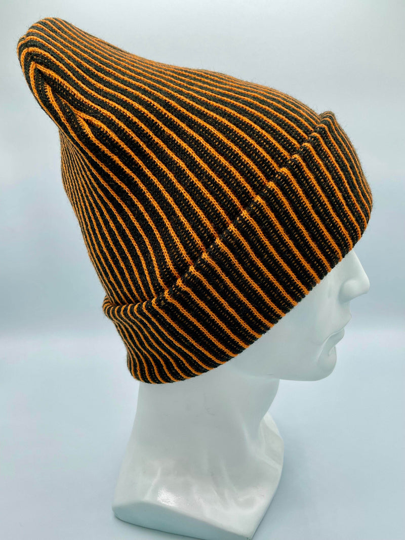 HAAKWEAR Cuffed Wide Ribbed Striped Beanie / Hat, Black / Orange, Limited Edition - Made in USA