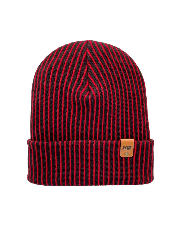 HAAKWEAR Cuffed Wide Ribbed Striped Beanie / Hat, Black / Red, Limited Edition - Made in USA