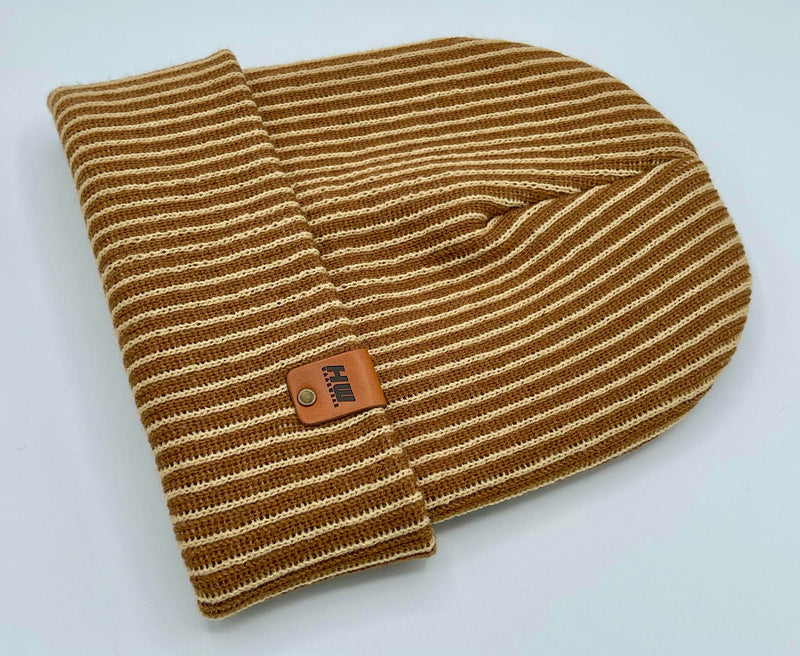 HAAKWEAR Cuffed Wide Ribbed Striped Beanie / Hat, Brown / Beige, Limited Edition - Made in USA