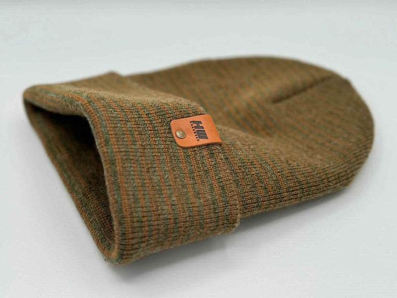 HAAKWEAR Traditional Contrast Cuffed Beanie Hat - Brown / Green, Made in USA