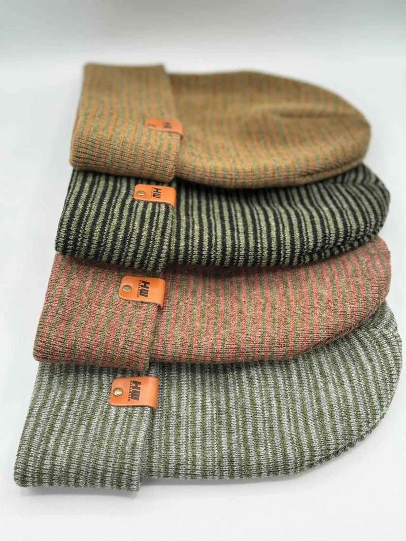 HAAKWEAR Traditional Contrast Cuffed Beanie Hat - Brown / Green, Made in USA