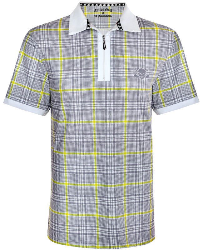 Tattoo Golf: Men's HT Plaid Cool-Stretch Golf Shirt - Yellow/Grey