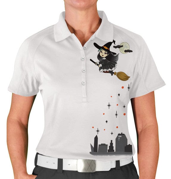Golf Knickers: Womens Halloween Golf Shirt - Flying Witch Clothing