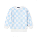 Blue Checker Knit Long Sleeve Crewneck Sweater