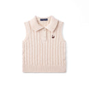 Cable Knit Sleeveless Polo Shirt in Beige
