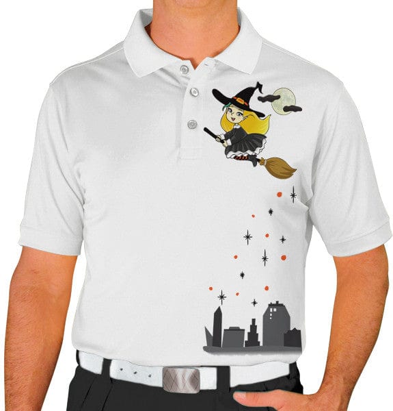Golf Knickers: Mens Halloween Golf Shirt - Flying Witch Clothing