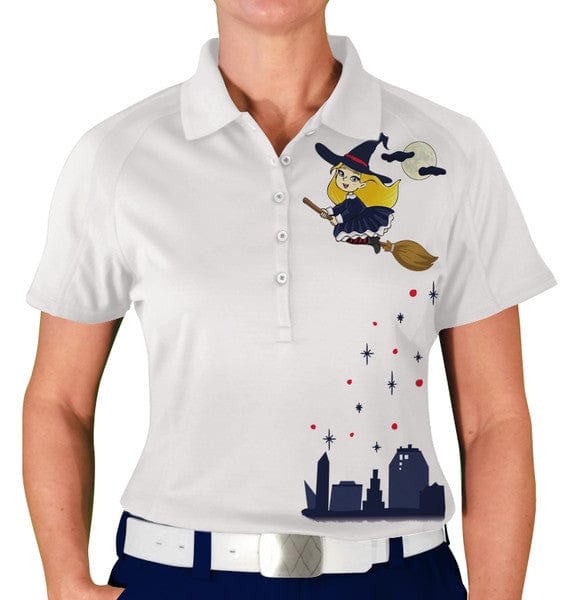 Golf Knickers: Womens Halloween Golf Shirt - Flying Witch Clothing