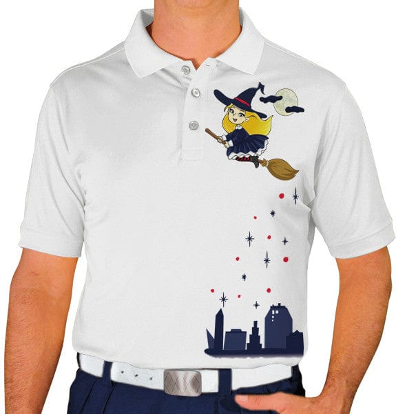 Golf Knickers: Mens Halloween Golf Shirt - Flying Witch Clothing