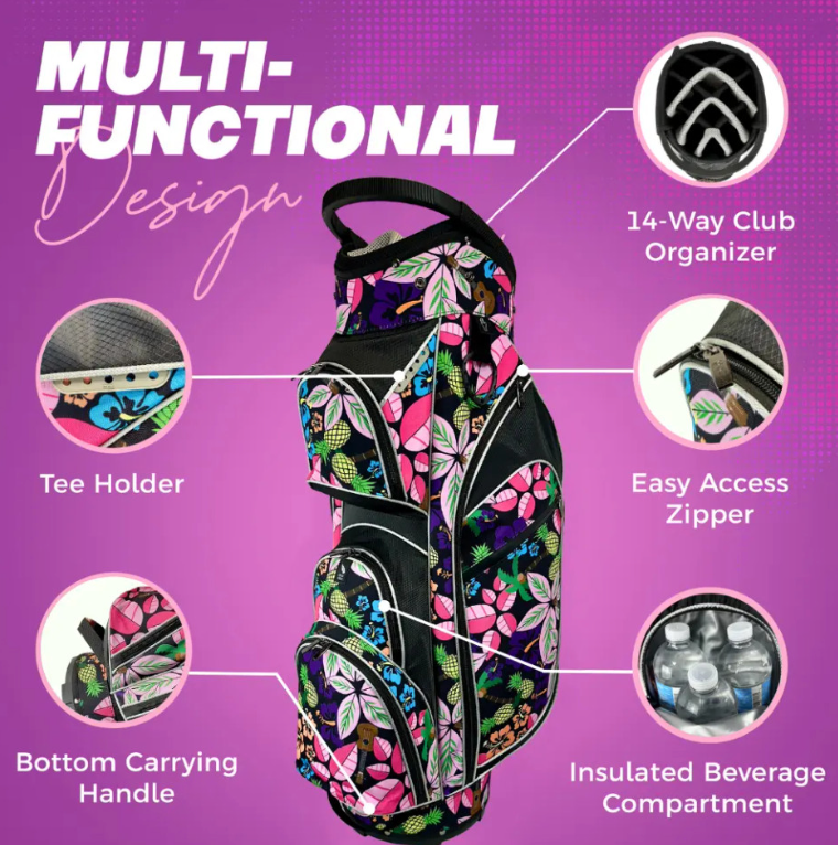 Taboo Fashions: Ladies 14 Way Designer Women's Golf Cart Bag with Cooler - Tropical Paradise