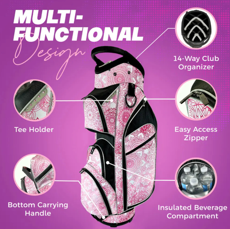 Taboo Fashions: Ladies 14 Way Designer Women's Golf Cart Bag with Cooler - Pink Mandala