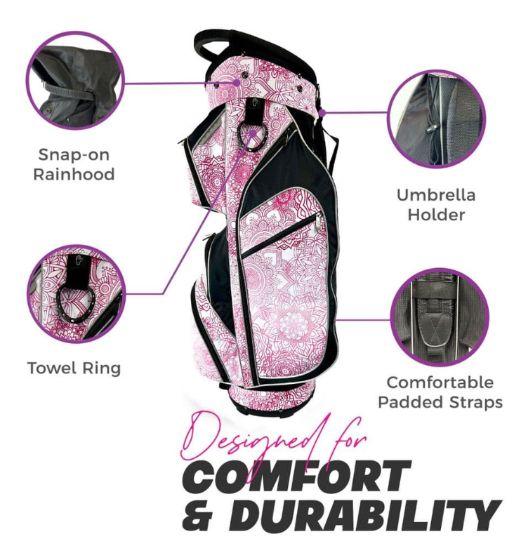 Taboo Fashions: Ladies 14 Way Designer Women's Golf Cart Bag with Cooler - Pink Mandala