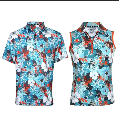 Tattoo Golf: Couple's Matching Aloha Golf Shirt -Teal/Orange