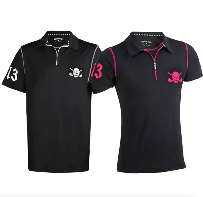 Tattoo Golf: Couple's Matching Lucky 13 Hybrid Zipper Golf Shirts - Black